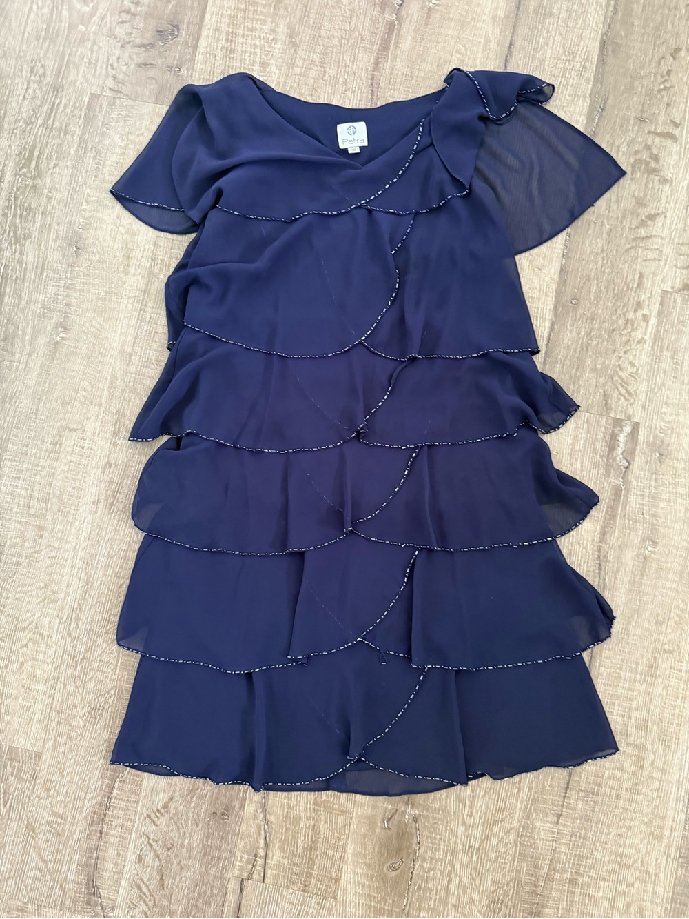 Patra Beaded Edge Layered Chiffon Navy Dress Size 10